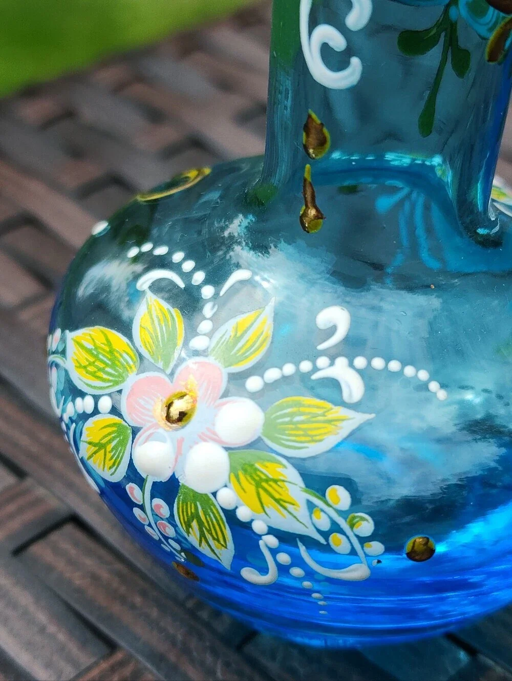 Vtg Glass Boho MCM Azure Blue Vase Hand painted Gold Embellishments Floral EUC